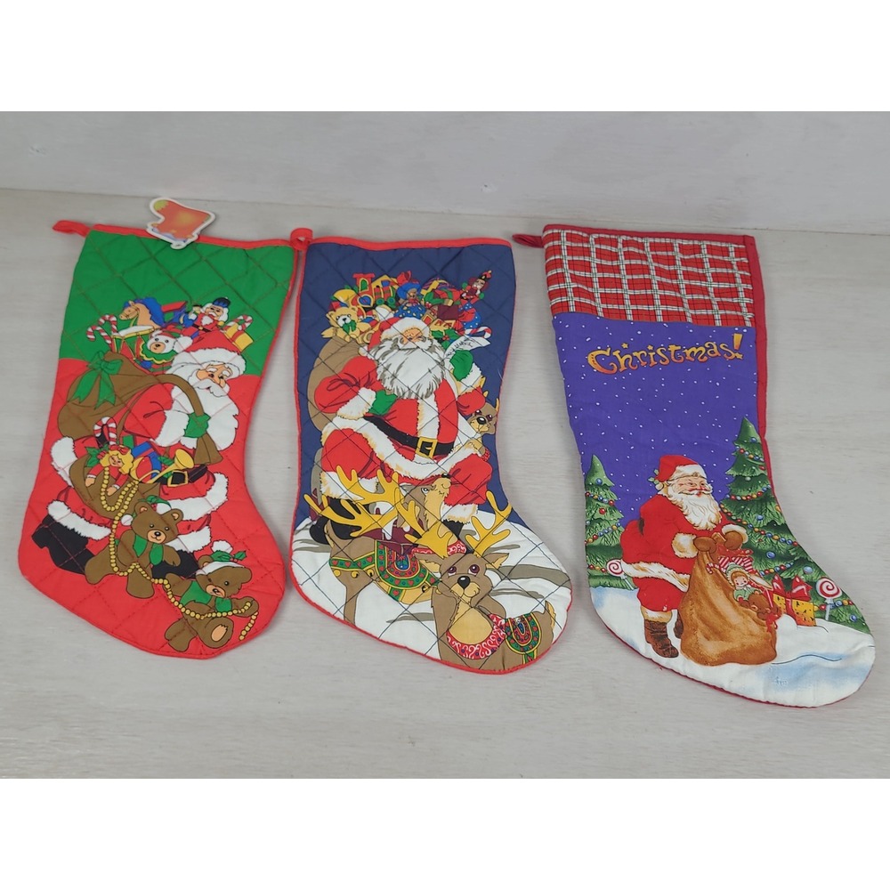 Vintage Style Quilted Christmas Stockings Santa Reindeer Set of 3 Red Blue